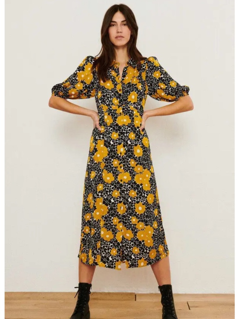 BA&SH Babeth Floral Print Shirt Midi Black and Yellow Viscose Dress Size